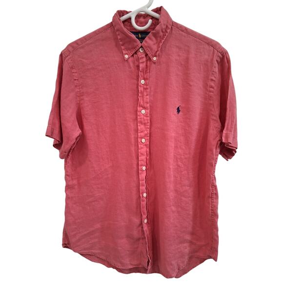Ralph Lauren Ocean Washed Linen Button Front Shirt Red Size Medium Short Sleeve - Picture 1 of 6